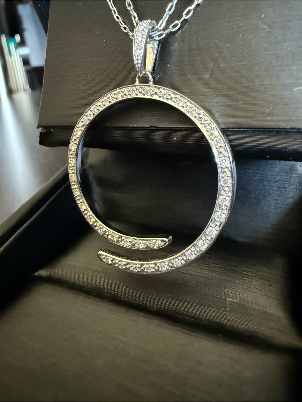 14K White Gold Open Circle Diamond Pendant on Double-strand White Gold Chain